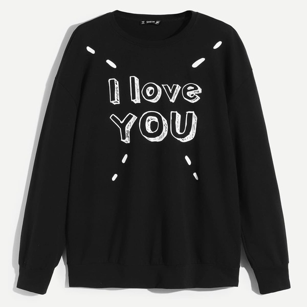 

Men Crew Neck Letter Print Pullover, Black