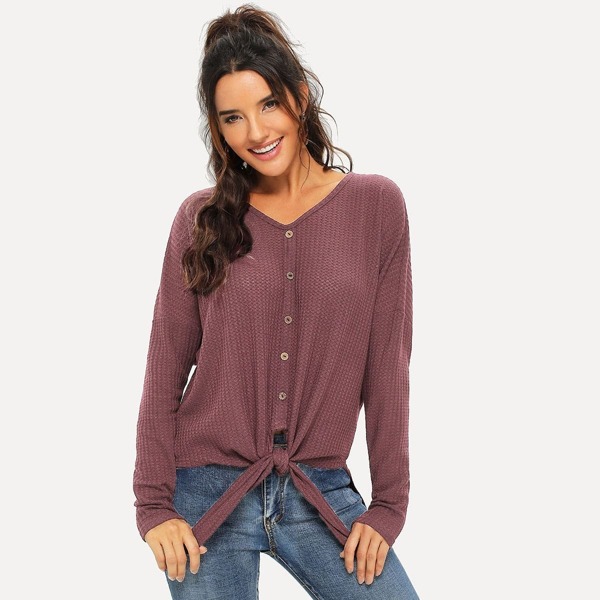 

Button Front V-Neck Knot Tee