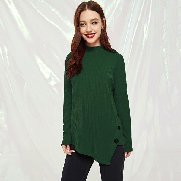 

Asymmetric Buttoned Hem Rib-knit Tee