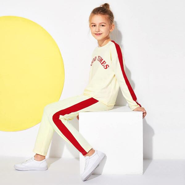 

Girls Letter Front Top & Pants Set, Beige