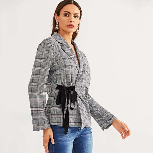 

Notch Collar Plaid Knot Blazer