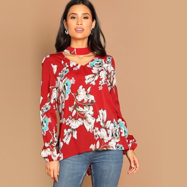 

Dual V Cut Choker Neck Lantern Sleeve Floral Top