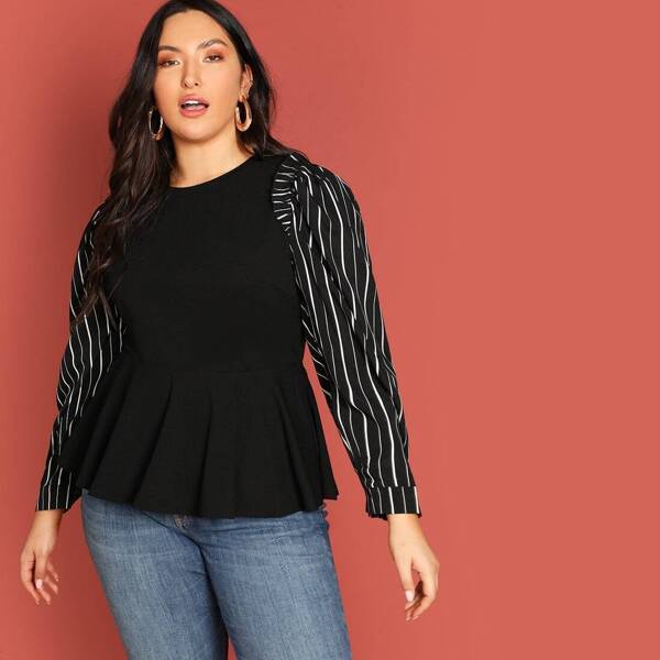 

Plus Frill Trim Striped Peplum Top