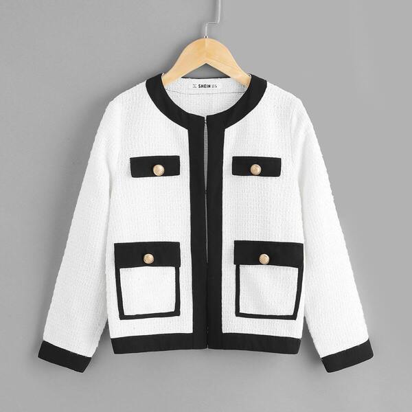 

Girls Flap Pocket Front Contrast Binding Tweed Coat