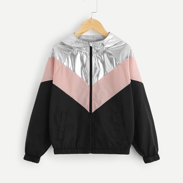 

Girls Zip Up Hooded Color-Block Jacket
