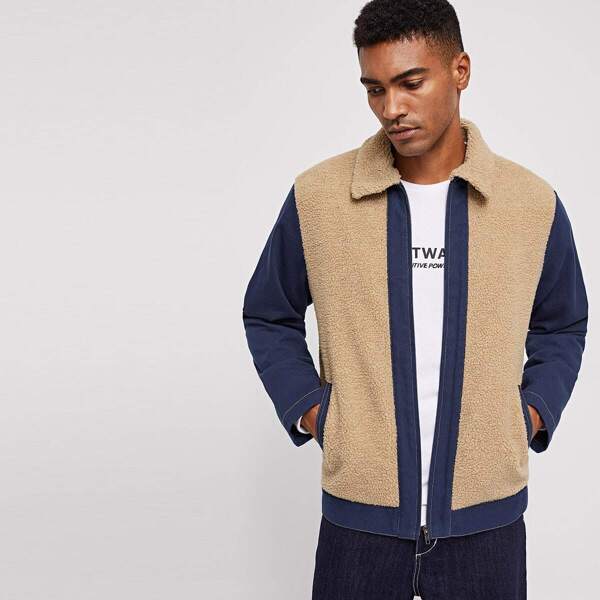 

Men Pocket Front Color Block Teddy Jacket, Multicolor