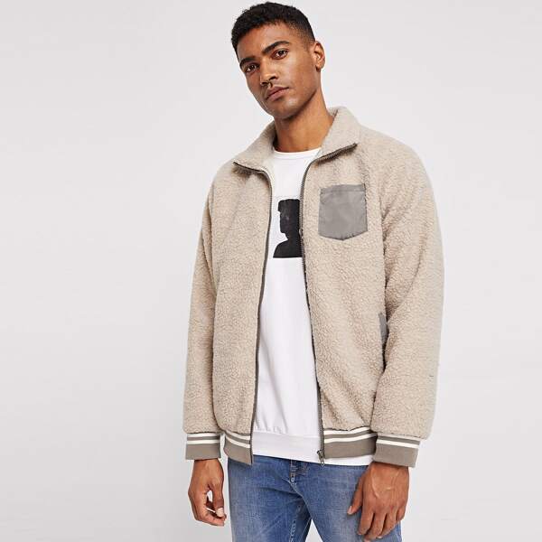 

Men Zip Up Pocket Collar Teddy Jacket, Khaki