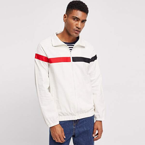 

Men Zip Up Color Block Mock-Neck Jacket, White