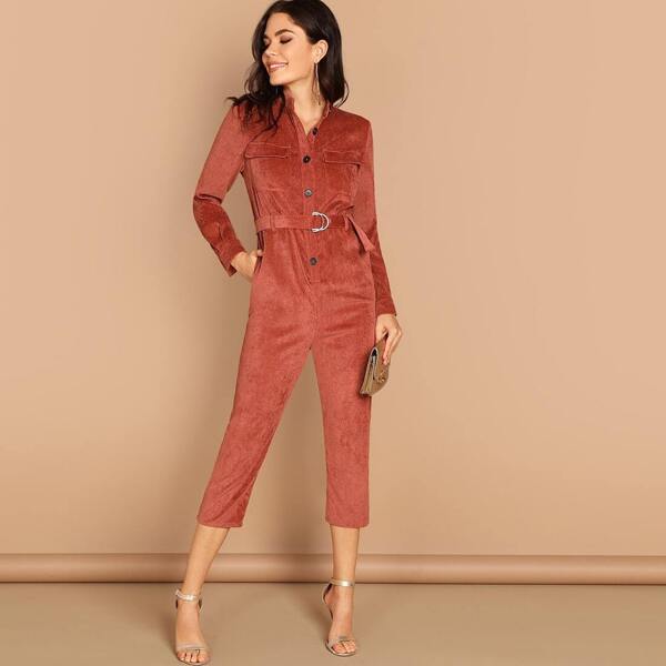 

Button & Pocket Front Belted Solid Utility Jumpsuit