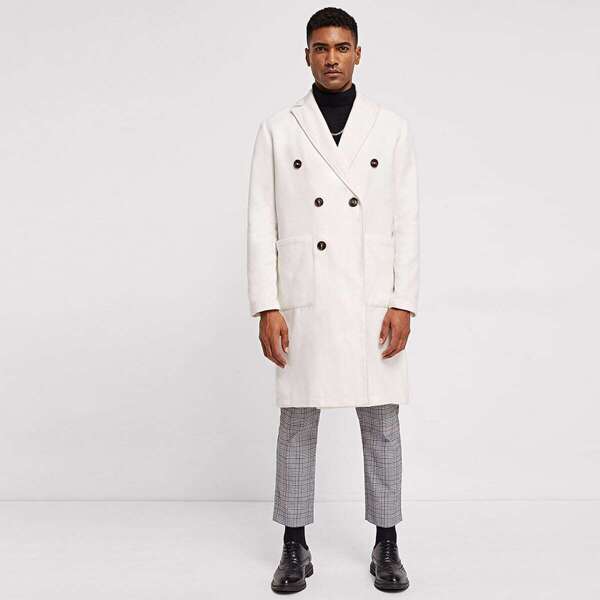 

Men Double Breasted Solid Coat, White