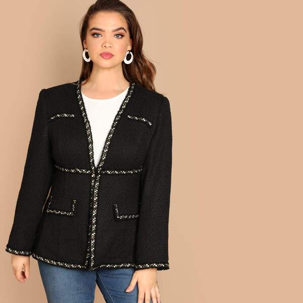 

Plus Contrast Trim Hook & Eye Closure Tweed Coat, Black
