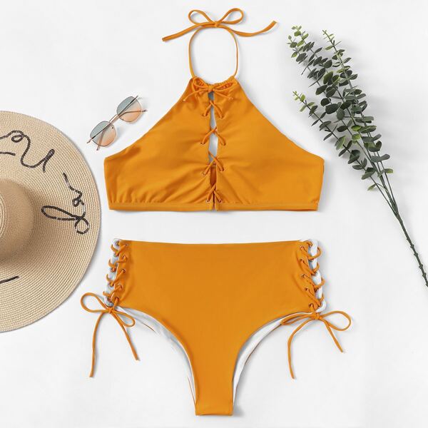 

Plus Lace-up Halter Top With Side Tie Bikini Set
