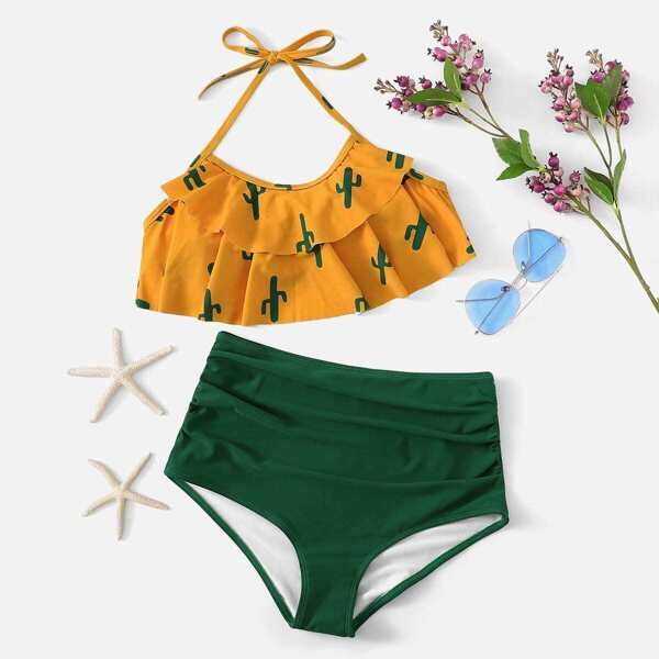 

Random Cactus Print Ruffle With Ruched Bikini Set