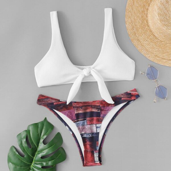 

Knot Front Top With Random Graphic Bikini Set