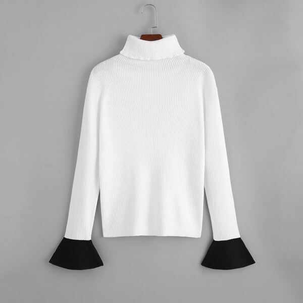 Contrast Ruffle Cuff Ribbed Knit Sweater