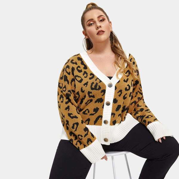 

Plus Contrast Trim Leopard Pattern Coat