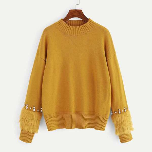 

Rhinestone & Faux Fur Embellished Cuff Sweater
