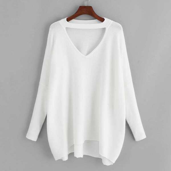 

Plus V Cut Neck Solid Sweater, White