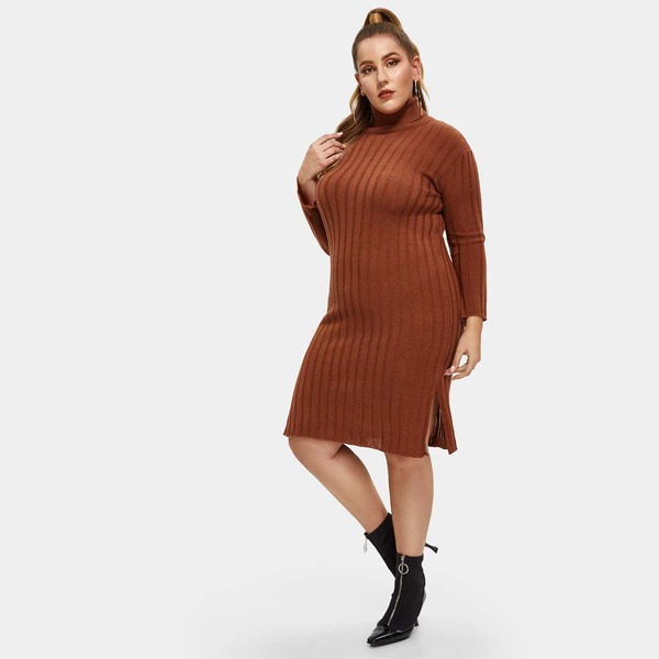 

Plus Form Fitting Slit Hem Knit Dress, Brown