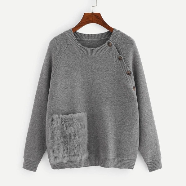 

Faux Fur Pocket Patched Button Detail Sweater