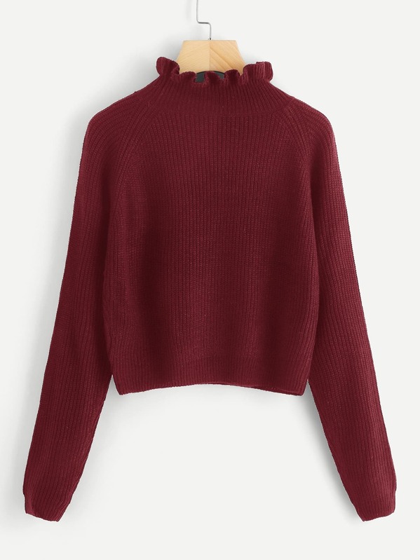 

Frilled Neck Solid Crop Sweater