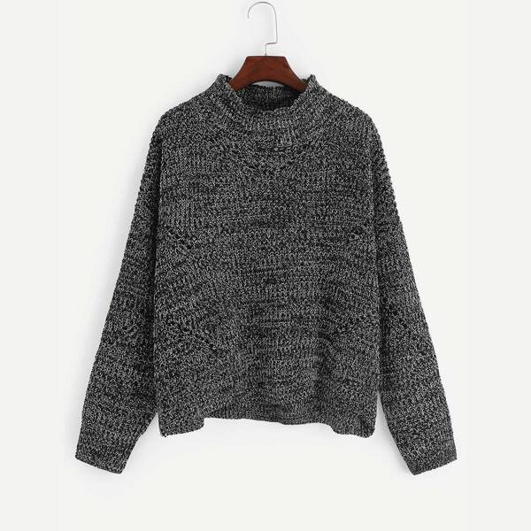 

Stand Collar Eyelet Detail Marled Sweater