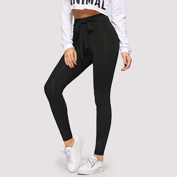 

Tie Waist Solid Leggings, Black