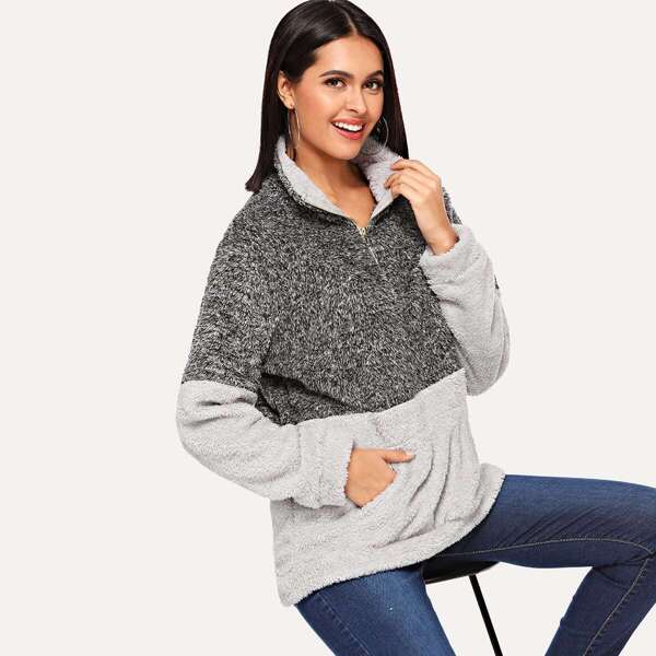 

Contrast Panel Quarter Zip Teddy Jacket