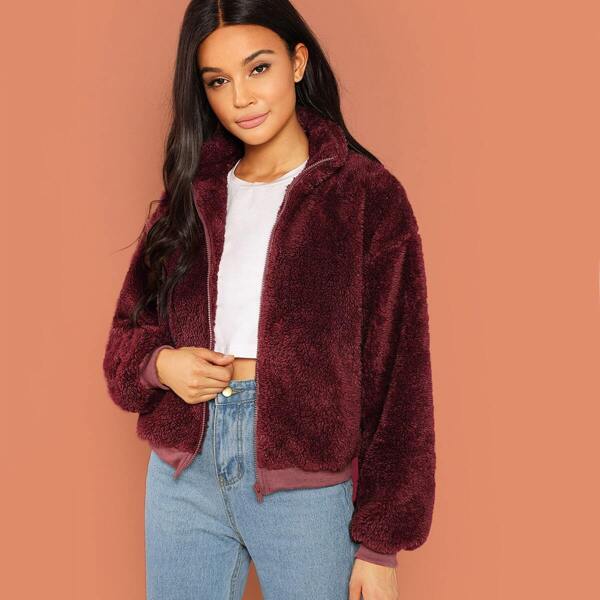 

Solid Zipper Up Teddy Jacket, Burgundy