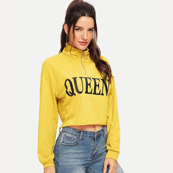 

Letter Print Half Zip Raw Hem Sweatshirt, Yellow