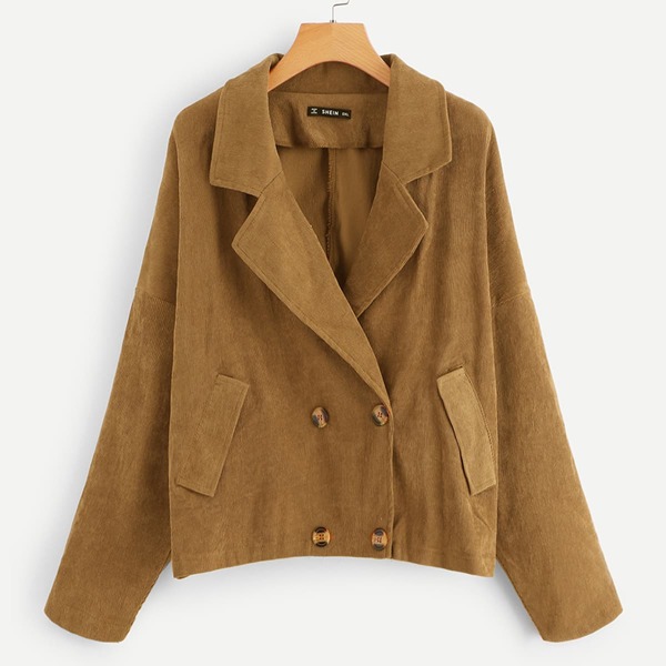 

Plus Notch Collar Double Breasted Corduroy Coat
