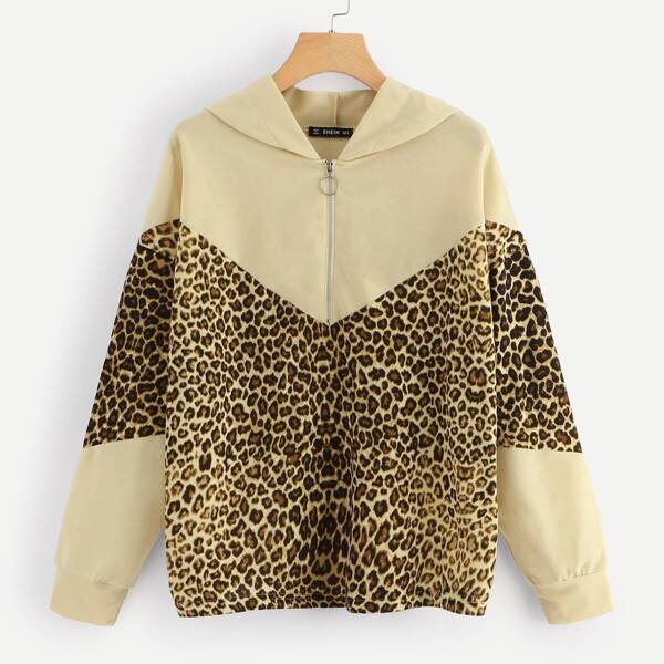 

Color-Block Leopard Print Hooded Sweatshirt