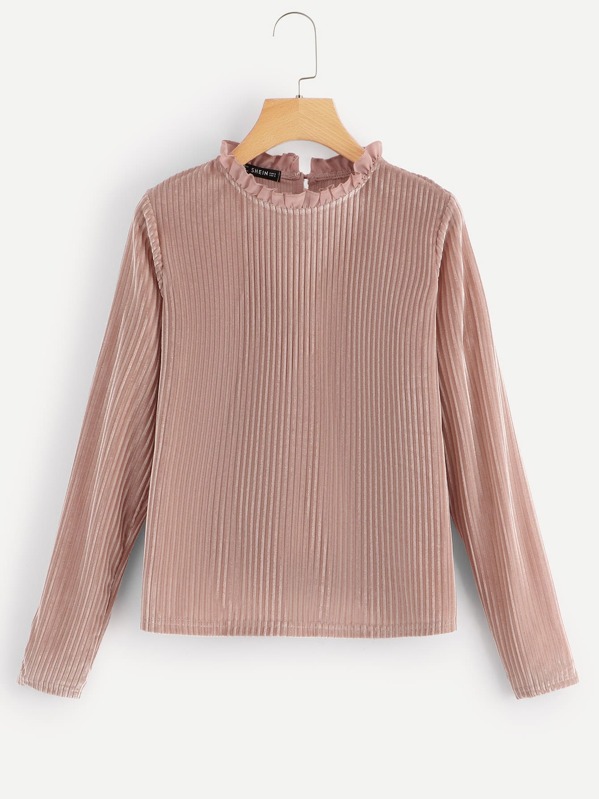 

Frilled Neck Ribbed Velvet Top, Pink