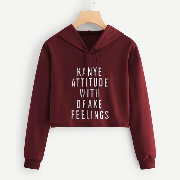 Slogan Graphic Drop Shoulder Crop Hoodie, Burgundy