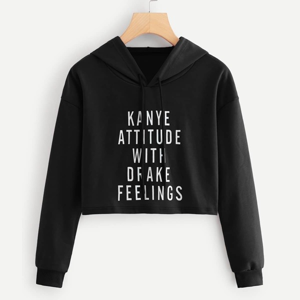 

Letter Print Drop Shoulder Crop Hoodie