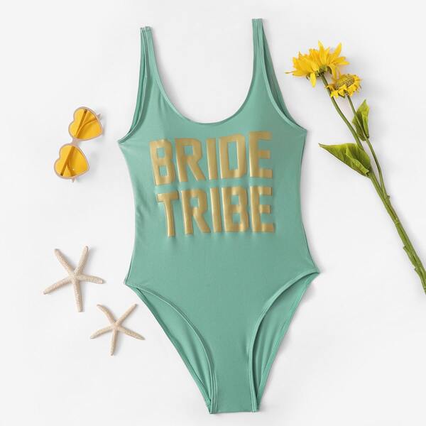 

Slogan Print U Back One Piece Tank Swimsuit