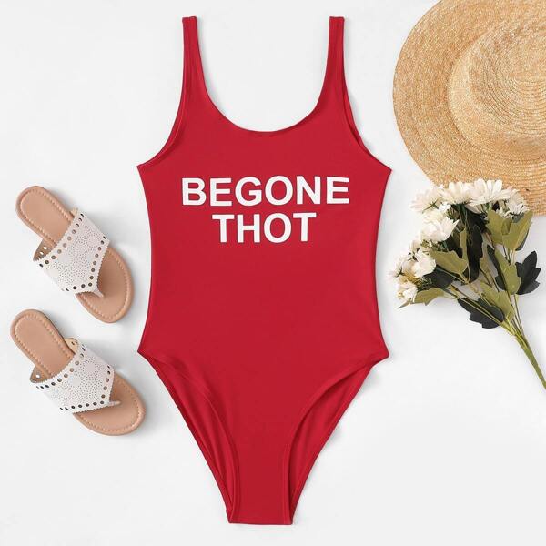 

Slogan Print U Back One Piece Tank Swimsuit