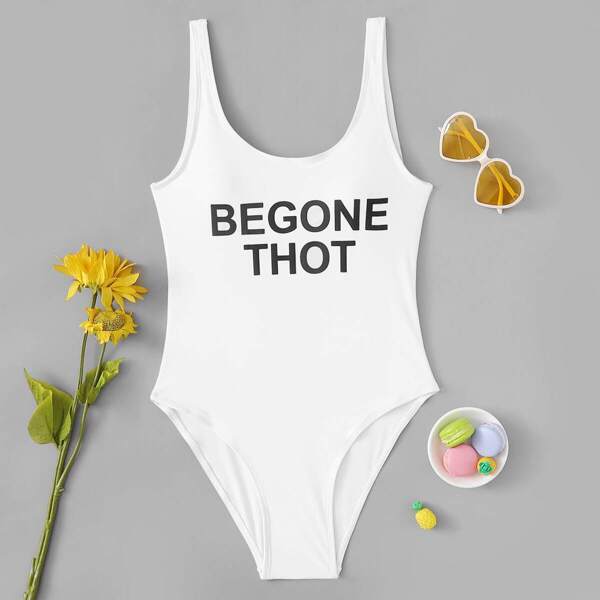 

Slogan Print U Back One Piece Tank Swimsuit