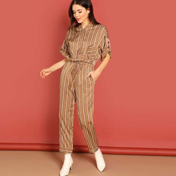 

Button Up Drawstring Waist Jumpsuit, Camel