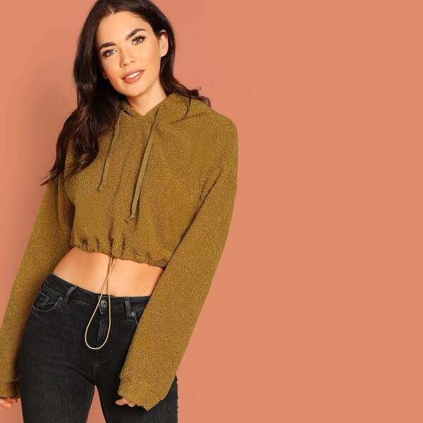 

Drawstring Hem Crop Teddy Hoodie, Yellow