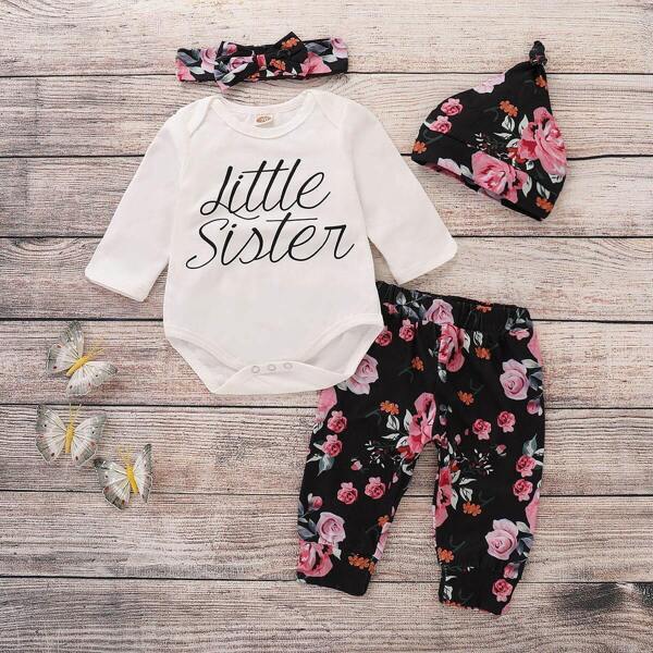 

Toddler Girls Letter Print Jumpsuit & Pants & Hat & Headband