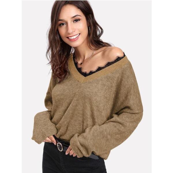 

Lace Trim V Neck Jumper, Khaki
