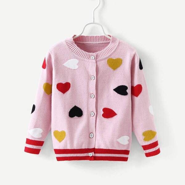 

Toddler Girls Heart Pattern Striped Trim Sweater Coat, Pink
