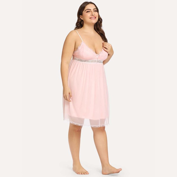 

Plus Contrast Lace Sheer Cami Dress, Pink pastel