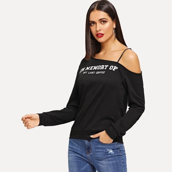 

Asymmetrical Shoulder Letter Print Sweatshirt, Black