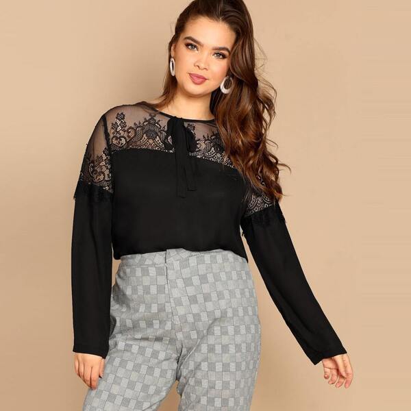 

Plus Tie Neck Sheer Lace Yoke Top