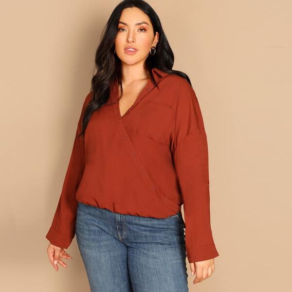

Plus Asymmetrical Button Front Wrap Top, Red