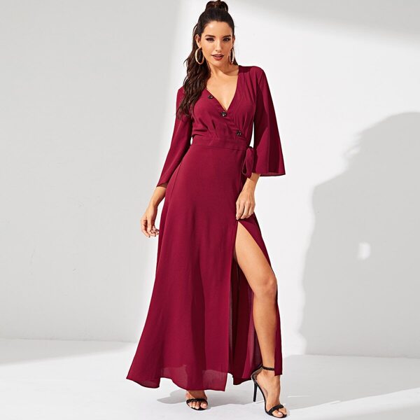

Button Front Surplice Neck Split Hem Knotted Dress