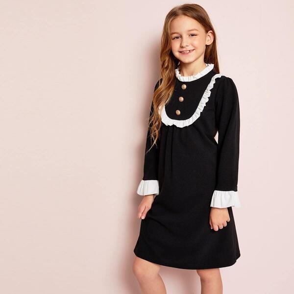 

Girls Button Front Frill Trim Tunic Dress, Black