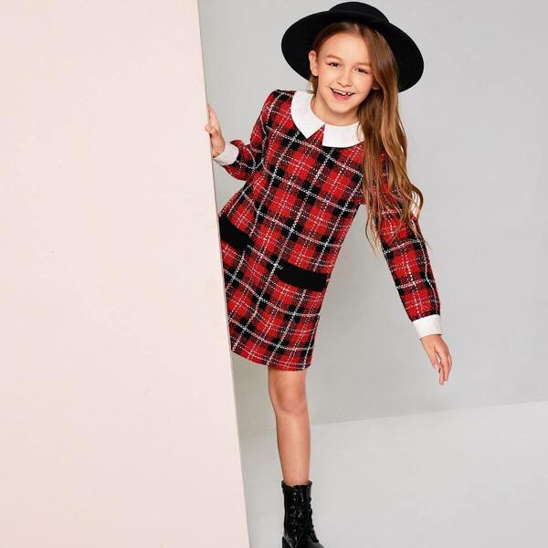 

Girls Zip Back Contrast Collar Plaid Dress
